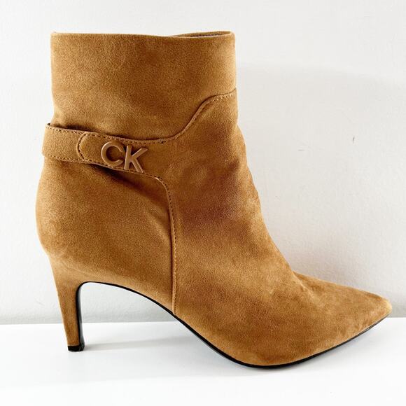 Calvin Klein Suede Pointed Toe Ankle Boots Booties Brown 7.5 - Picture 1 of 8